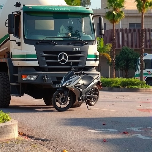 玉林：一摩托被混凝土泵车压着推行数米