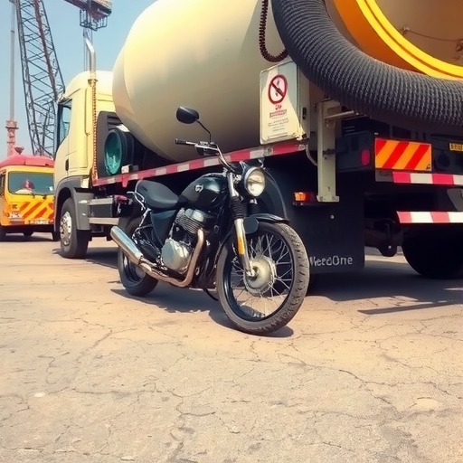 玉林：一摩托被混凝土泵车压着推行数米